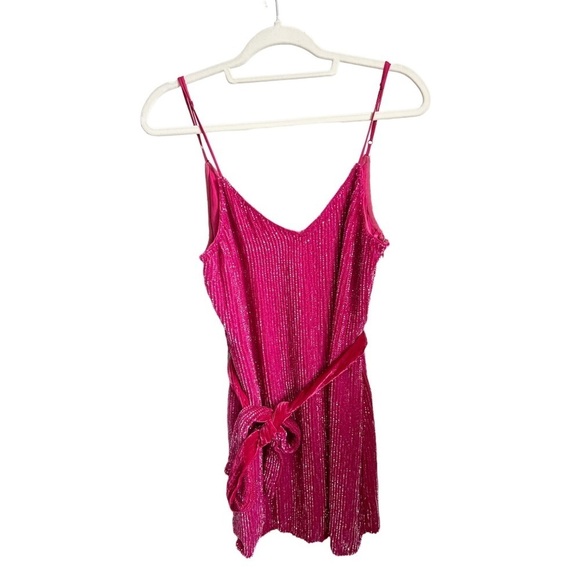 NWT Retrofête Claire Beaded Sequin Hot Pink Barbiecore Tie Waist Mini Slip Dress - Picture 6 of 12
